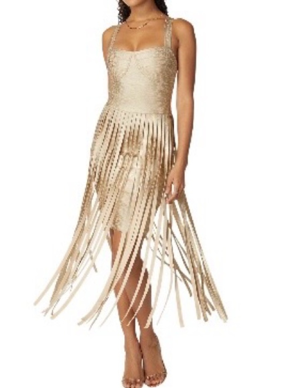 bebe Gold Fringe Mini Dress
